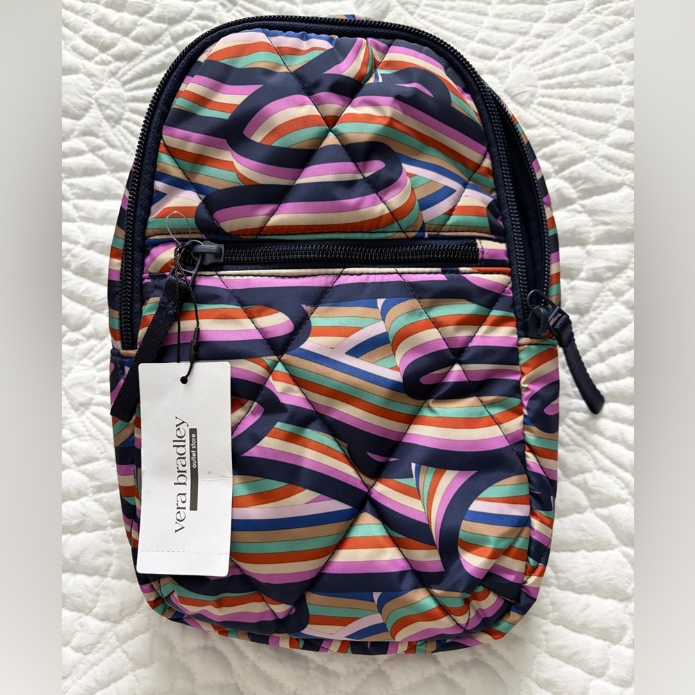 Vera Bradley Striped Quilted Essential Sling Backpack - Navy, Pink, Green